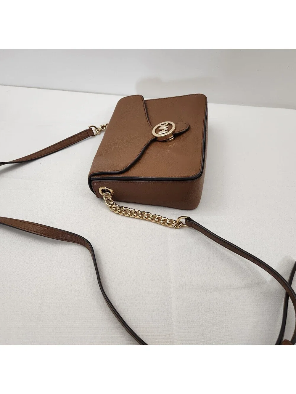Michael Kors Fulton Small Brown Pebbled Leather Crossbody Logo Purse Bag